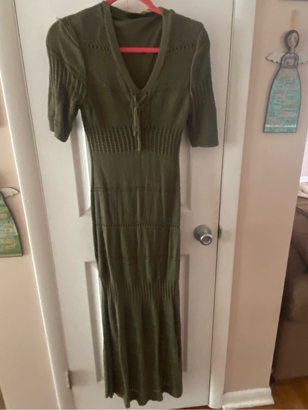 Nina Leonard Olive Green Knit Crochet Maxi Dress with V-Neck